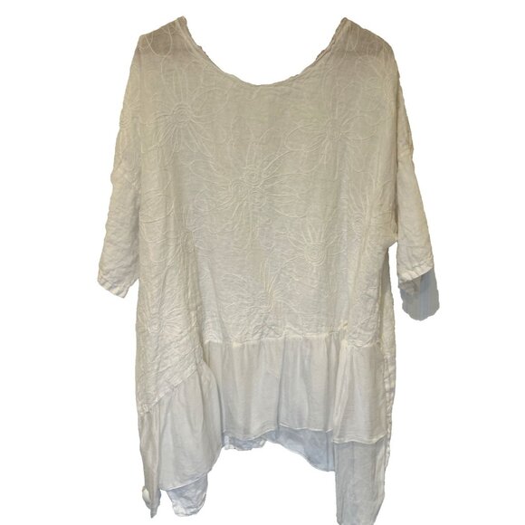 Made In Italy Womens Top O/S White Linen Silk Ruffle Embroidered‎ Asymmetrical - Picture 1 of 9